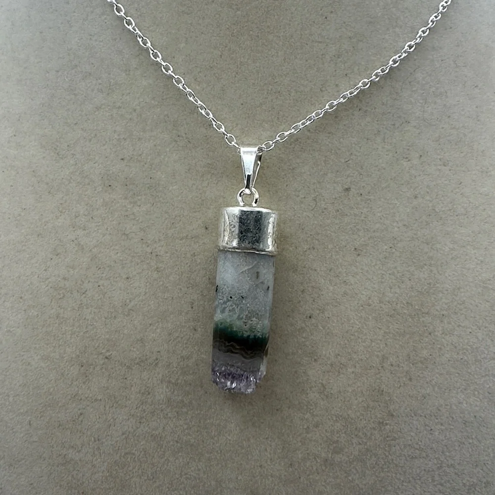 Amethyst and Agate Cylinder Pendant on Box Chain